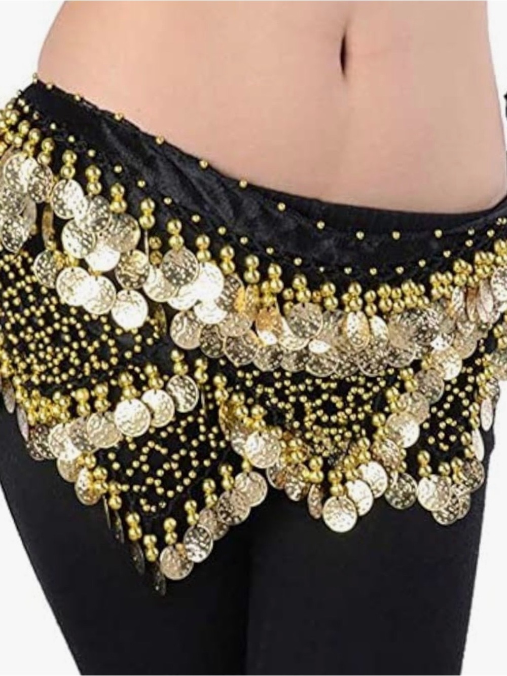 Black and Gold Belly Dance Hip Scarf - Women's Sequin Coin Skirt